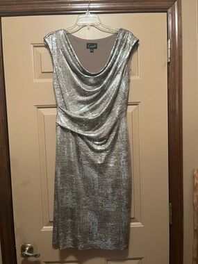 connected apparel Silver Metallic Cowl-Neck Midi Dress